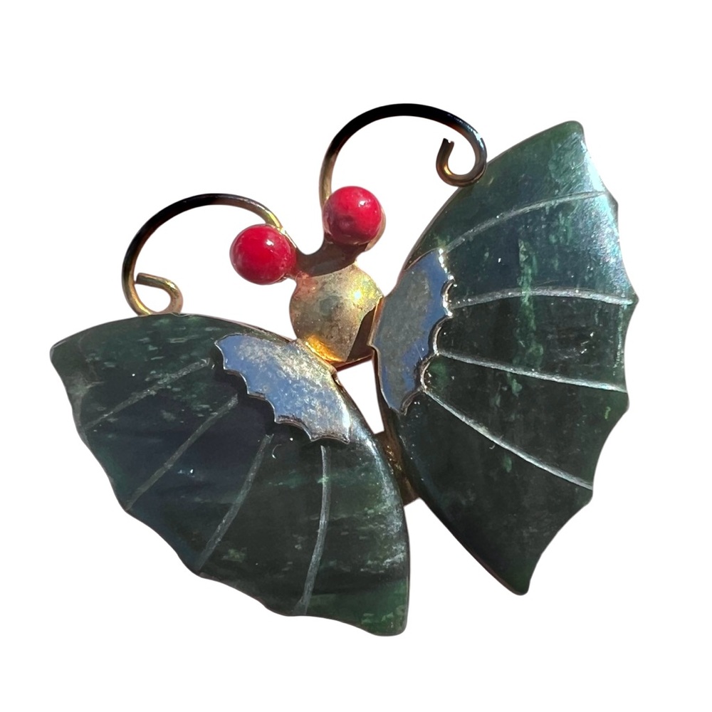 Vintage Green Jade, Jadeite, Red Coral Butterfly Brooch Pin Pendant Dynasty